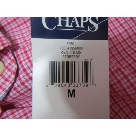 CHAPS Easy Care Red Berry Plaid Button Collar Shirt Mens size M Cuff Cotton - Picture 5 of 10